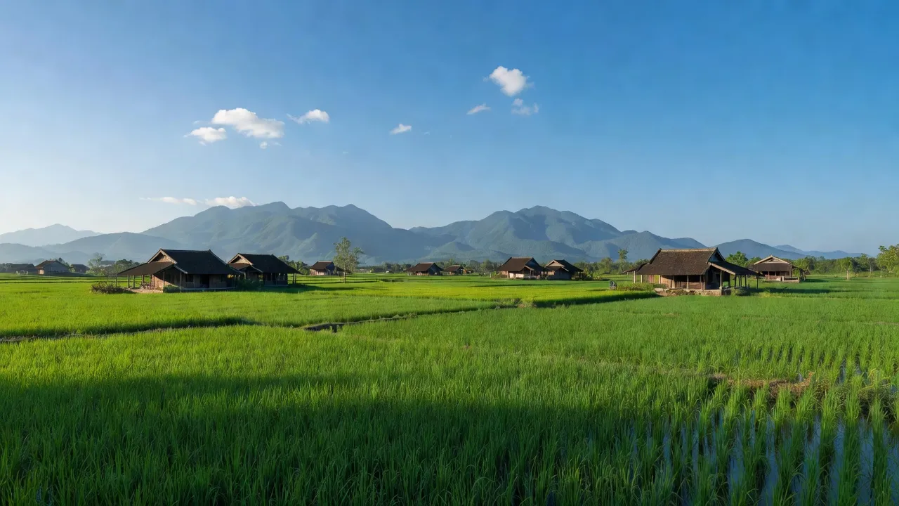 Phong Sơn village in Phong Điền, Huế, showcasing green fields, traditional houses, and beautiful landscape.