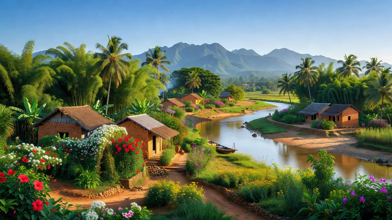 Phong Thạnh commune in Phong Điền, Huế, with lush greenery, rural houses, and a peaceful river landscape.