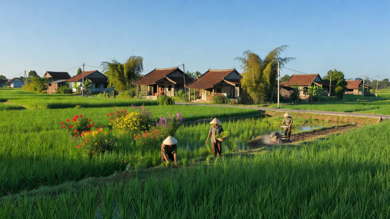 Phong Thạnh village in Phong Điền, Huế with green fields and traditional houses, rural life.