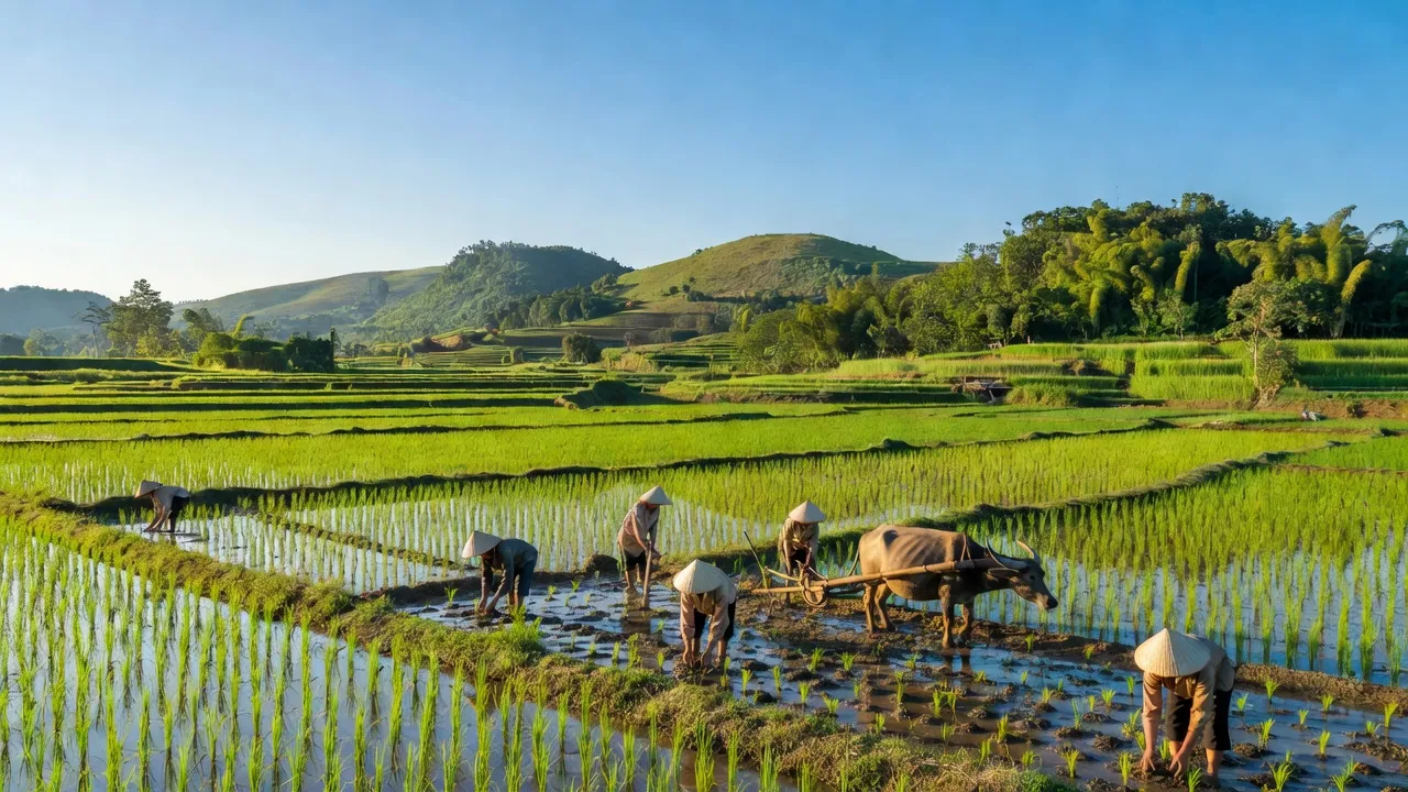 Khung cảnh làng Phong Xuân, Thị xã Phong Điền, thành phố Huế với cánh đồng xanh tươi.