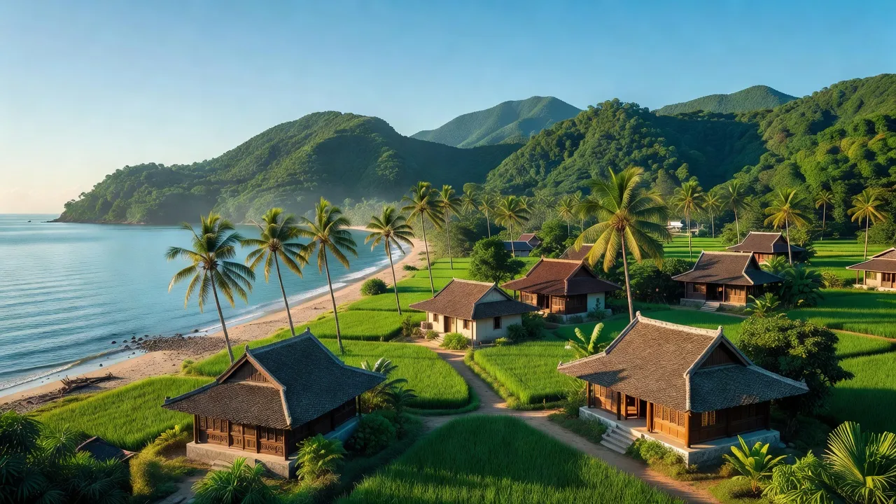 Huyện Phú Lộc, Huế với cảnh quan tuyệt đẹp, núi non xanh tươi và nhà truyền thống Việt Nam.