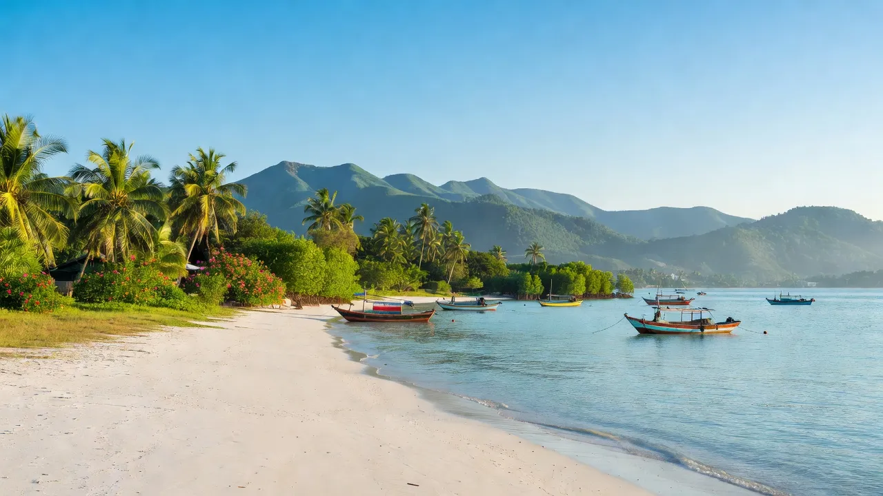 Khung cảnh ven biển xã Giang Hải, huyện Phú Lộc, thành phố Huế với bãi cát và núi xanh.