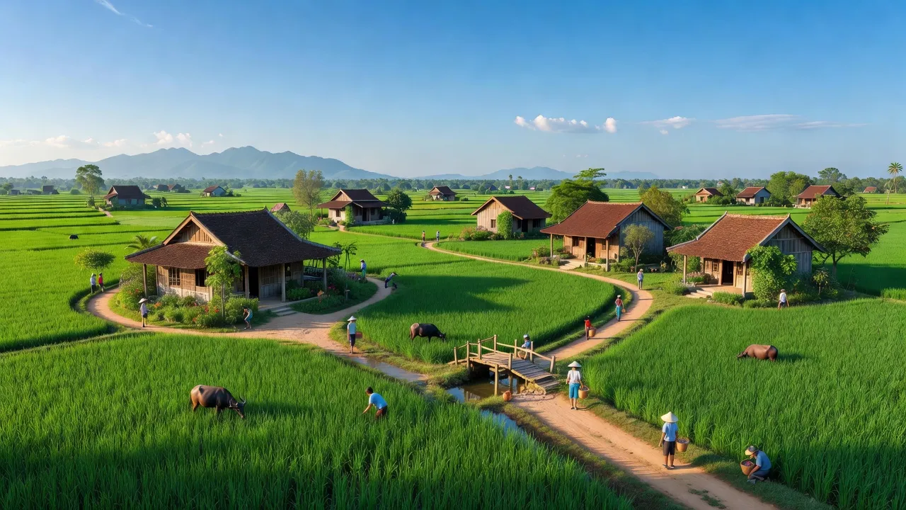Cảnh quê xưa của xã Hương Hữu, huyện Phú Lộc, với đồng xanh, nhà truyền thống và bầu trời trong xanh.