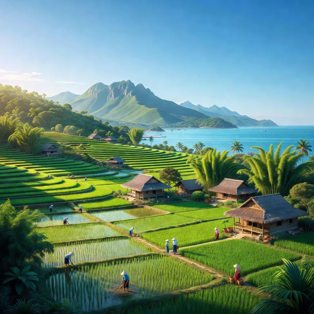 Khung cảnh xã Hương Lộc, huyện Phú Lộc, với mạng lưới nhà cửa xanh tươi và biển Đông.