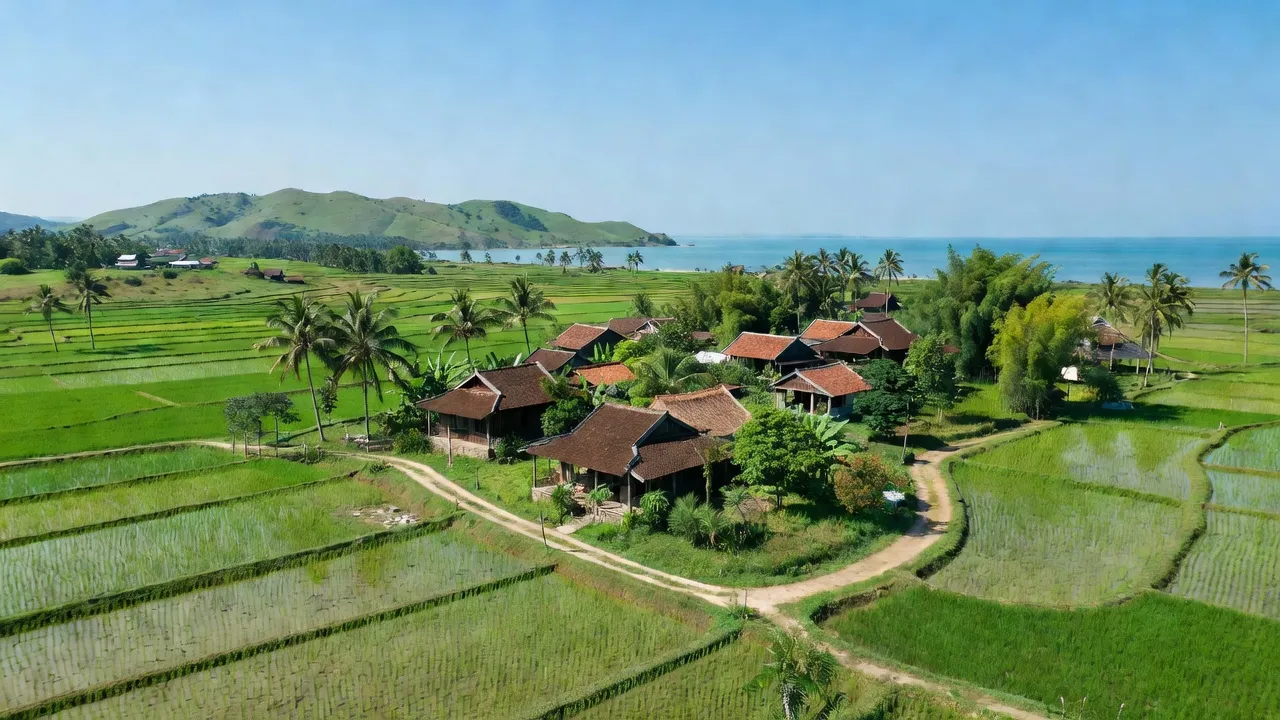 Khung cảnh Yên bình tại xã Hương Phú, huyện Phú Lộc, với cánh đồng và nhà truyền thống.