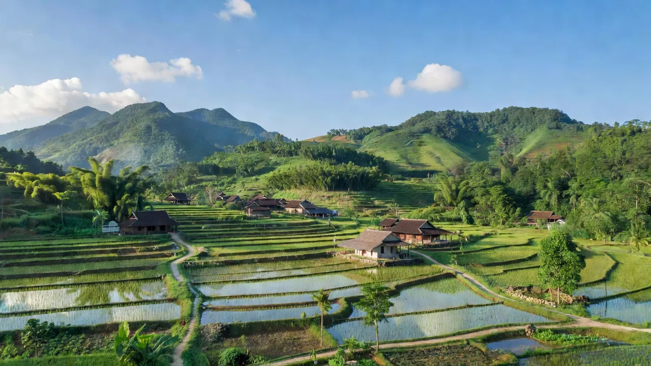 Cảnh quan yên bình xã Hương Sơn, huyện Phú Lộc, thành phố Huế với núi xanh và cánh đồng.