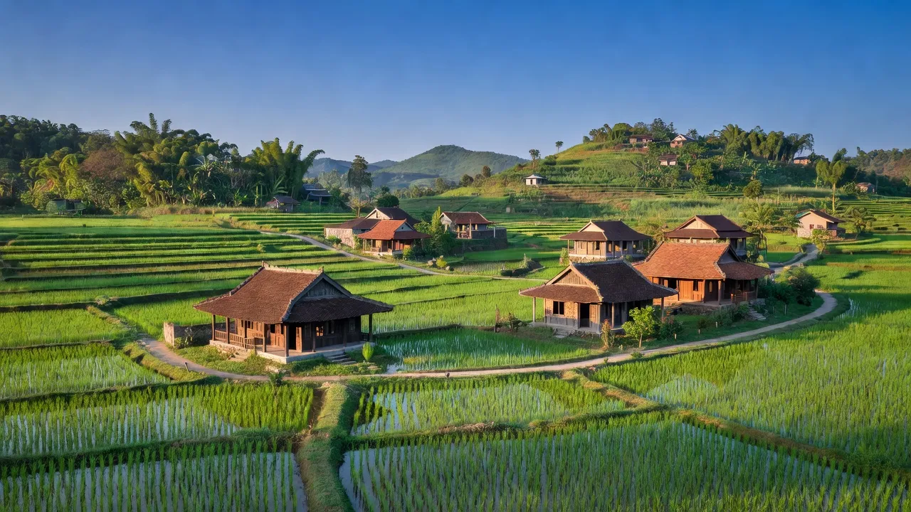 Cảnh đẹp xã Hương Xuân, huyện Phú Lộc, thành phố Huế với cánh đồng xanh và nhà truyền thống.