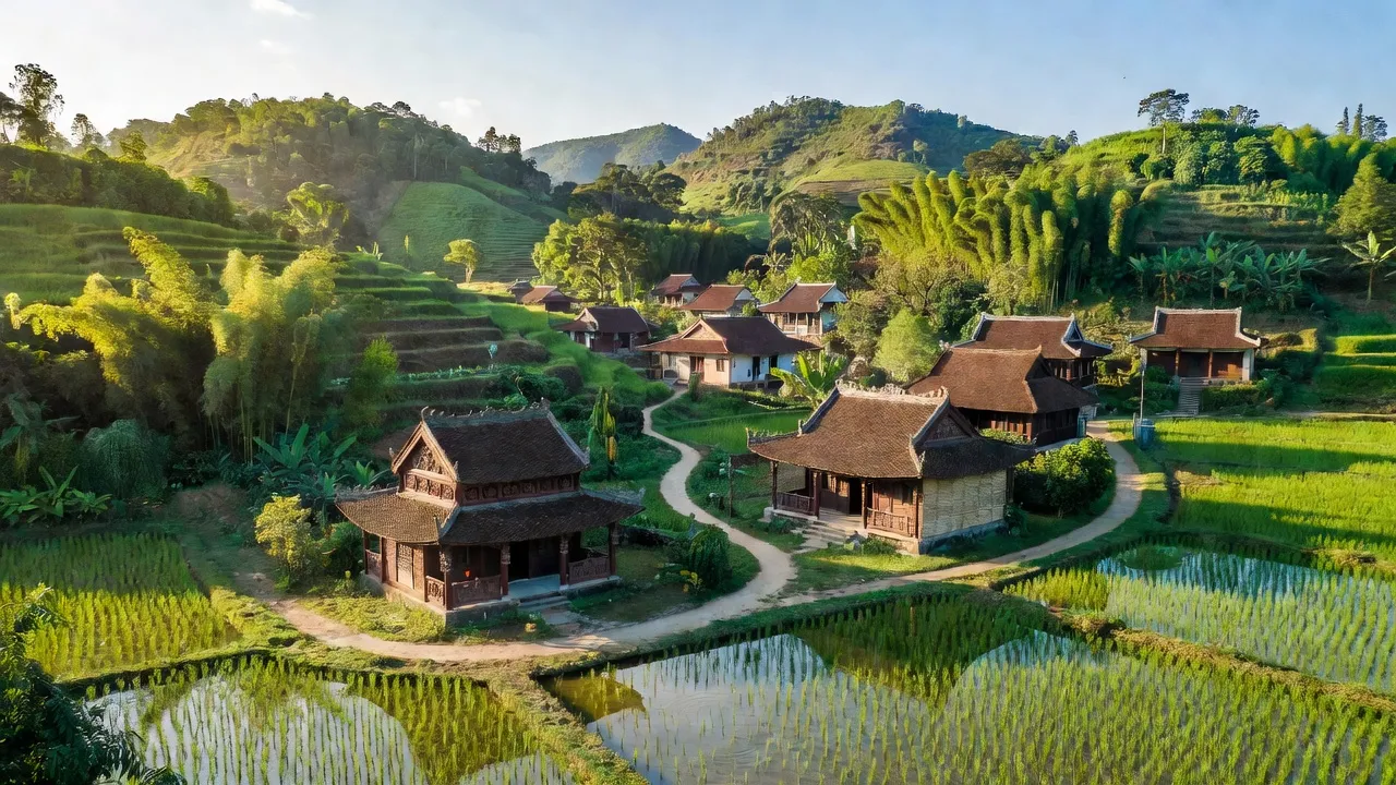 Khung cảnh Xã Hương Xuân, huyện Phú Lộc, thành phố Huế với cây cối xanh tươi và nhà truyền thống.