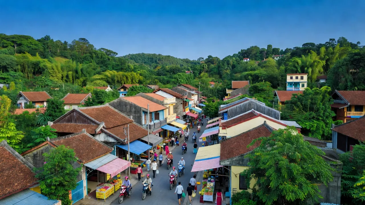 Thị trấn Khe Tre ở huyện Phú Lộc, thành phố Huế, với cảnh quan xanh tươi và kiến trúc địa phương.