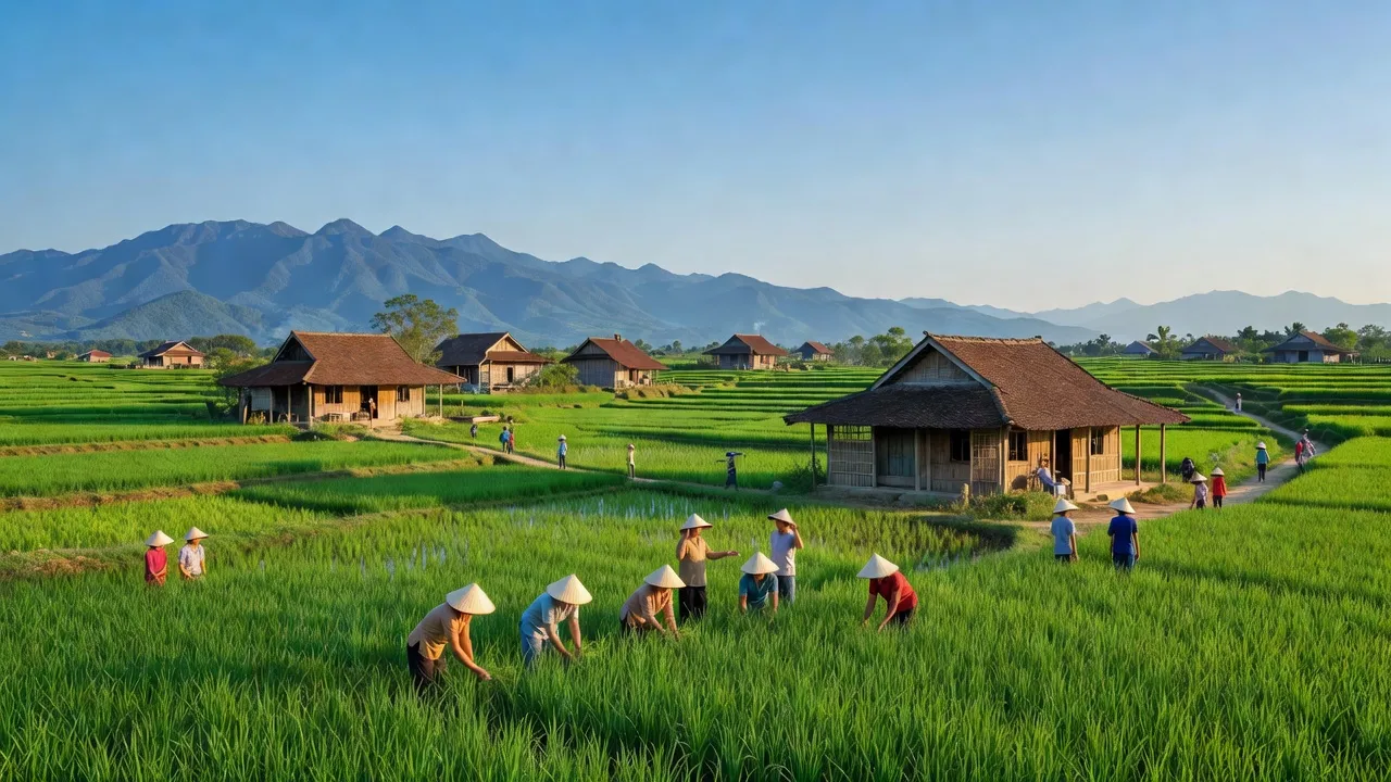 Khung cảnh bình yên xã Lộc Bình, huyện Phú Lộc, thành phố Huế với cánh đồng xanh và nhà truyền thống.