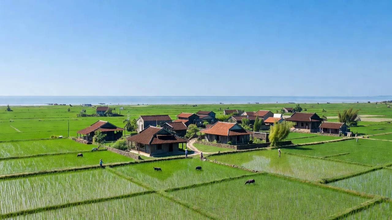 Lộc Bổn village in Huế with green fields, traditional houses, and eastern coastline view.