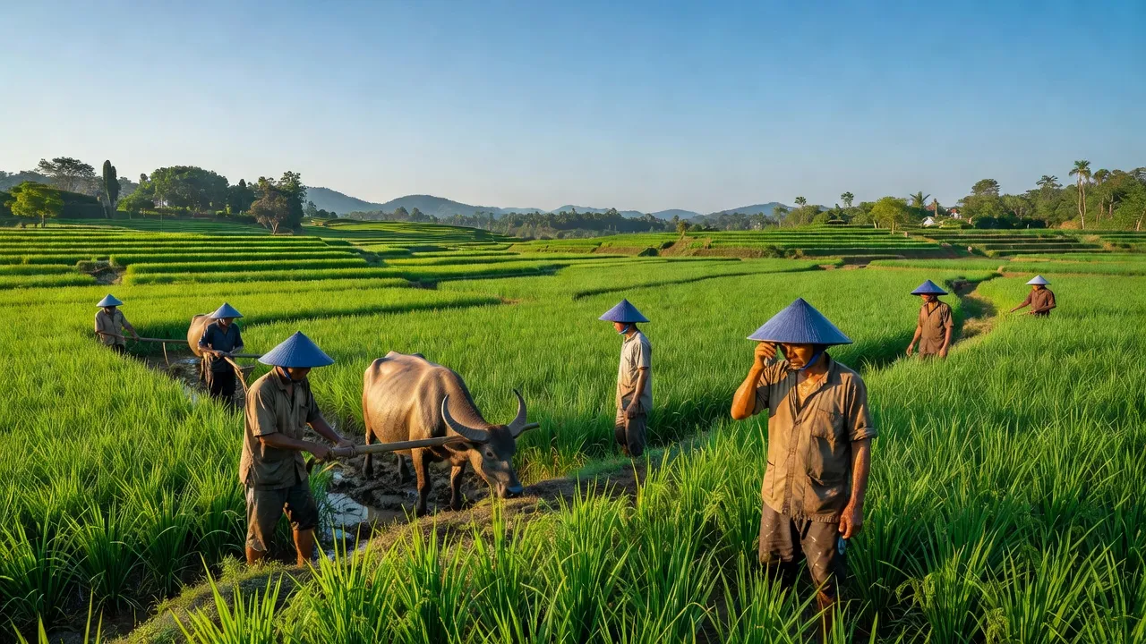 Cảnh sắc Lộc Điền huyền ảo với đồng xanh, người nông dân và bầu trời sáng rõ.