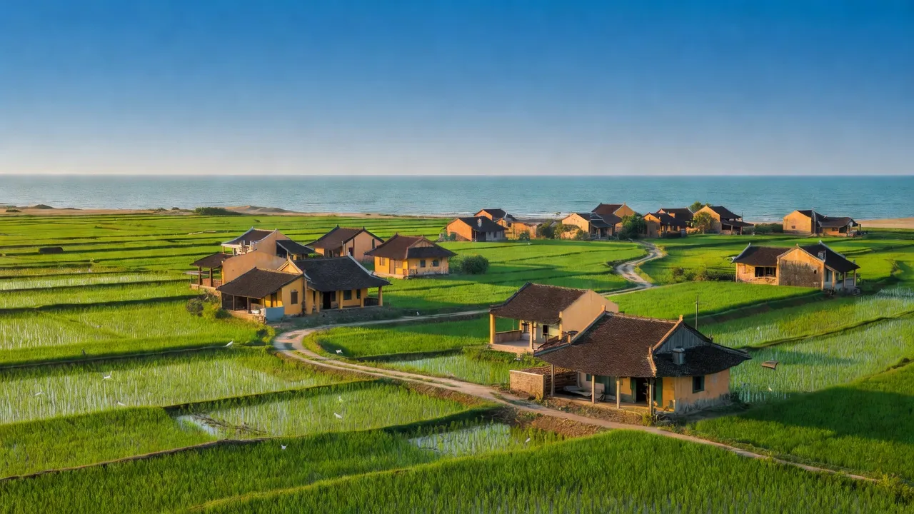 Khung cảnh xã Lộc Hòa, huyện Phú Lộc, với ruộng xanh và nhà truyền thống, hướng ra Biển Đông.