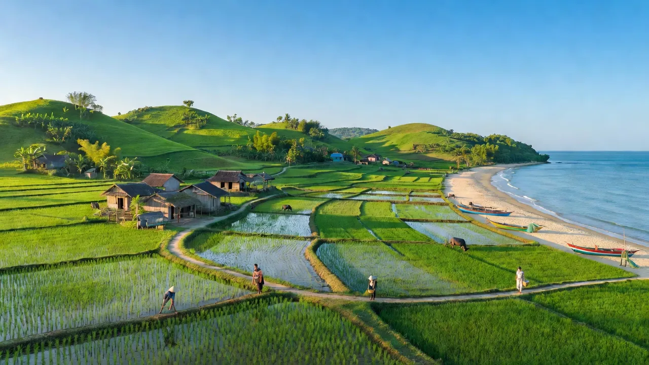 Thị trấn Lộc Sơn, huyện Phú Lộc, Huế với cảnh đồi xanh và bờ biển xanh tươi.