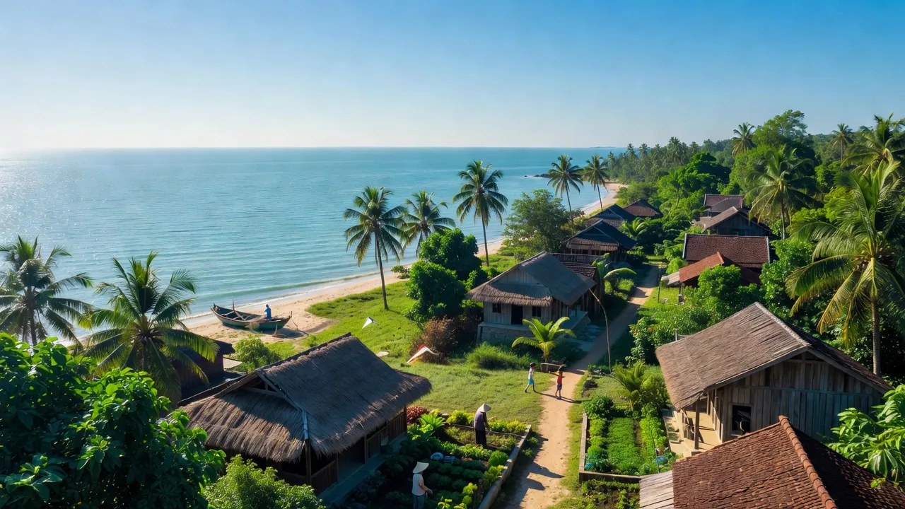 Toàn cảnh xã Lộc Tiến, huyện Phú Lộc, thành phố Huế với cảnh biển và nhà truyền thống.