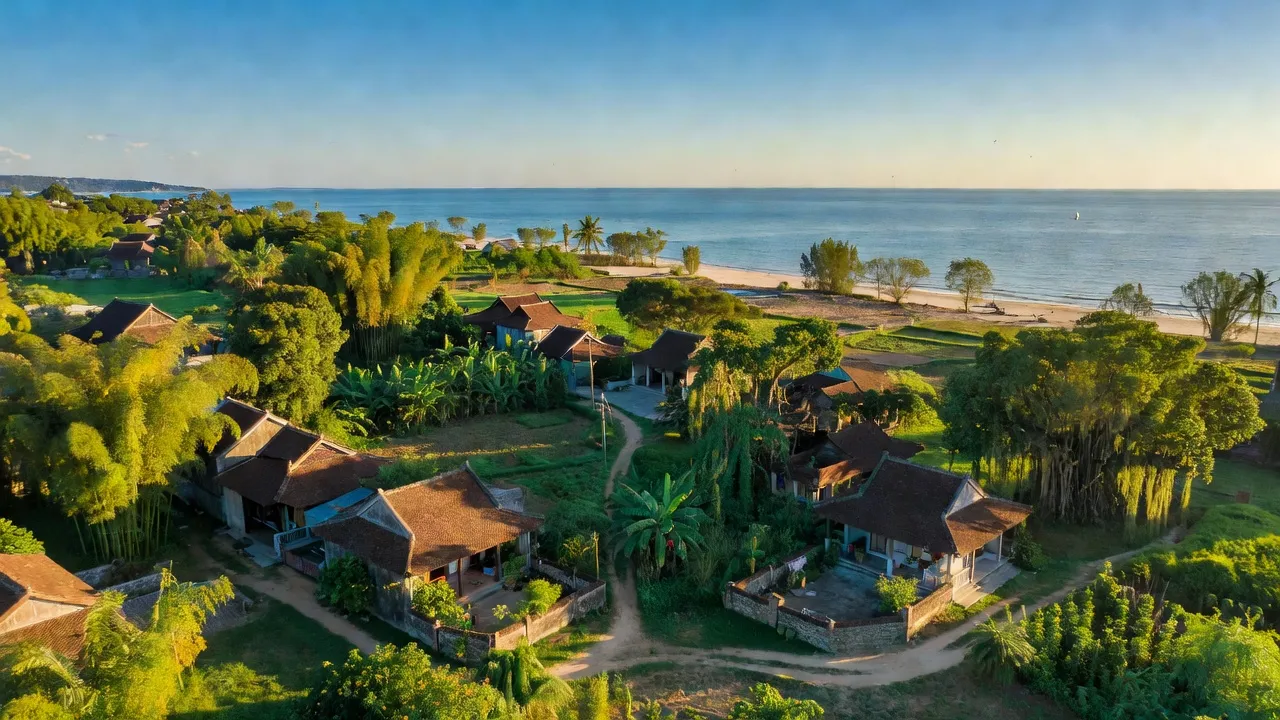 Cảnh đẹp xã Lộc Trì, huyện Phú Lộc, thành phố Huế với nhà truyền thống và biển Đông.