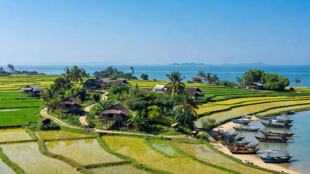 Cảnh quan xã Lộc Vĩnh, huyện Phú Lộc, tỉnh Thừa Thiên Huế với ruộng bậc thang và biển Đông.