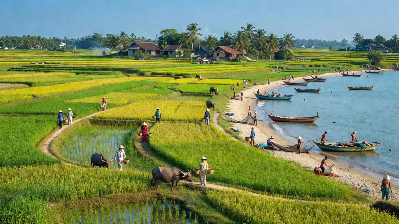 Khung cảnh làng Lộc Vĩnh ở Phú Lộc, Huế với đồng lúa và hoạt động đánh cá ven biển.