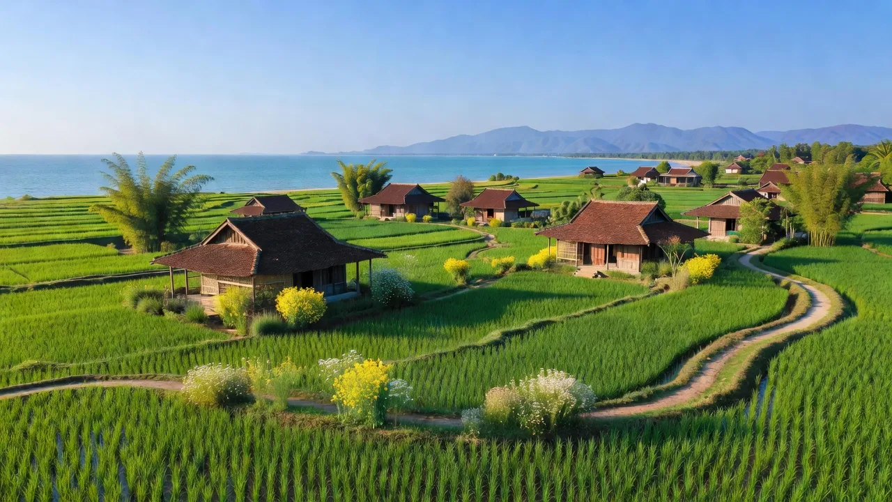 Cảnh quan xã Thượng Long, huyện Phú Lộc, với ruộng xanh, nhà truyền thống Việt Nam và biển gần đó.