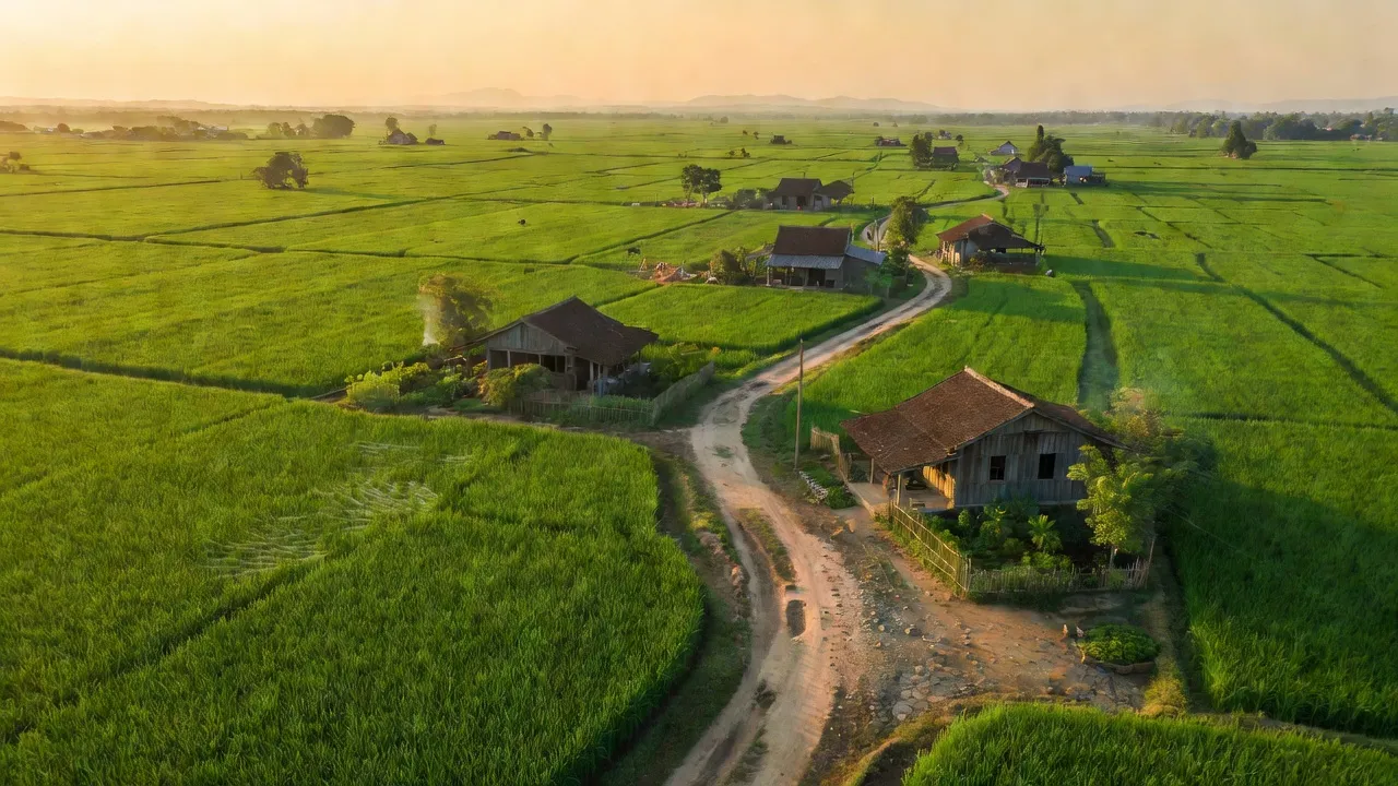 Cảnh sắc bình dị tại xã Thượng Nhật, huyện Phú Lộc, thành phố Huế, với cánh đồng xanh và đường làng.