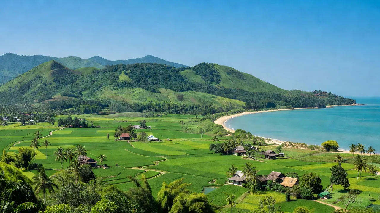 Khung cảnh xanh tươi của xã Thượng Quảng, huyện Phú Lộc, với đồng bằng và núi thấp, Hà Tĩnh.