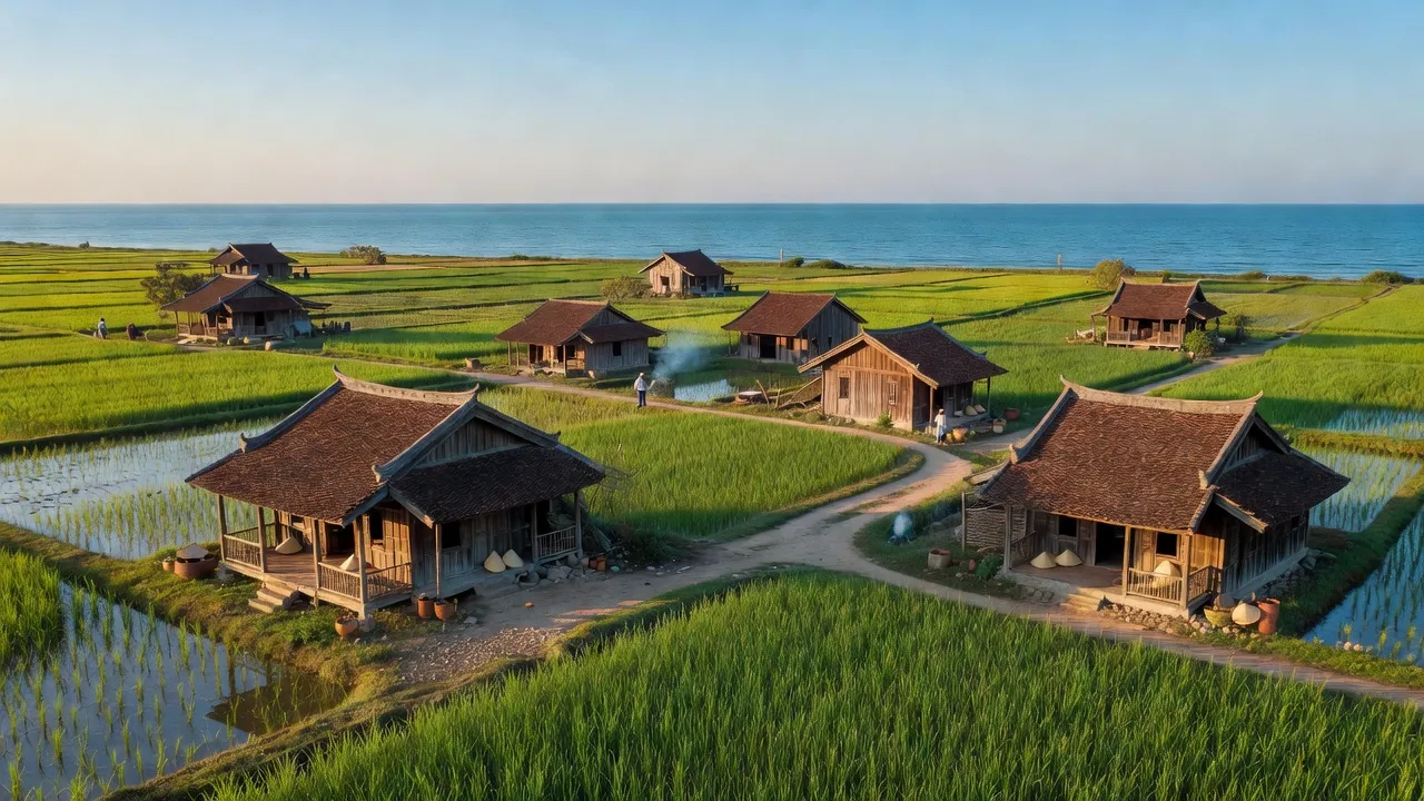Phong cảnh nên thơ Xã Phú Diên, huyện Phú Vang, thành phố Huế với biển và nhà truyền thống.