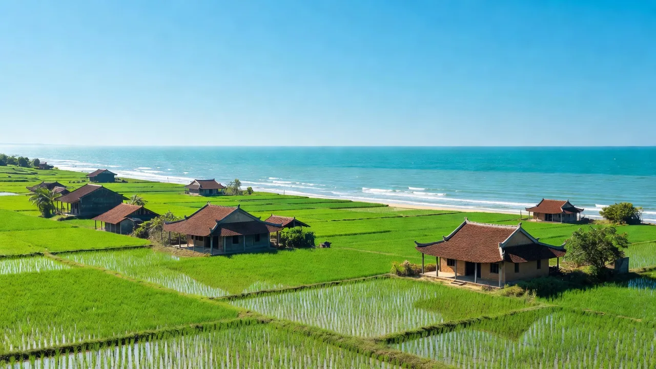 Khung cảnh nông thôn Phú Gia, huyện Phú Vang, Huế với ruộng xanh và nhà truyền thống.