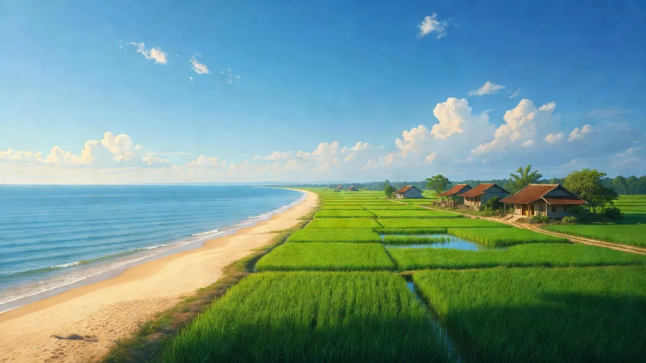 Cảnh biển Phú Hải, huyện Phú Vang, thành phố Huế với bãi cát trắng và cánh đồng xanh.