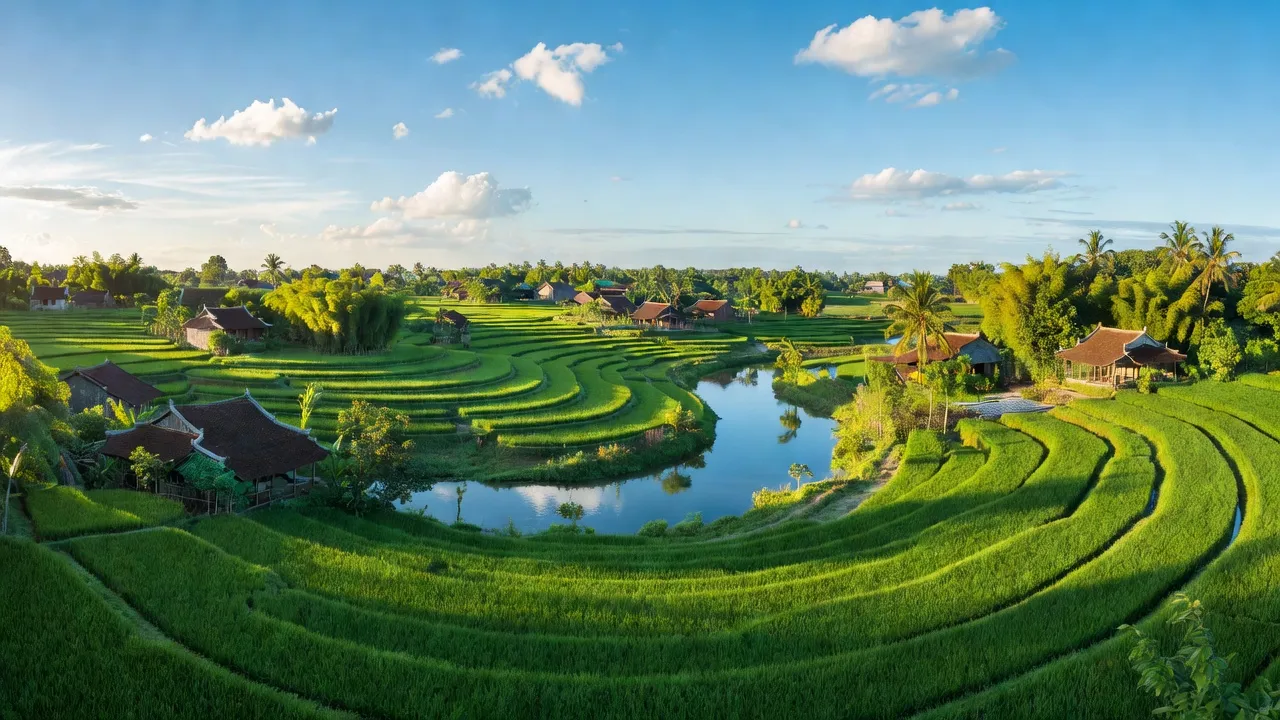 Khung cảnh đồng lúa và sông ở xã Phú Hồ, huyện Phú Vang, thành phố Huế, Việt Nam.