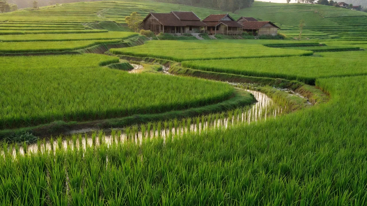 Khung cảnh yên bình ở Xã Phú Hồ, huyện Phú Vang, thành phố Huế với đồng ruộng và kênh nước.