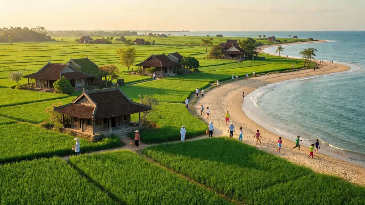 Cảnh đẹp xã Phú Lương, huyện Phú Vang, với cánh đồng xanh và nhà truyền thống Việt Nam.
