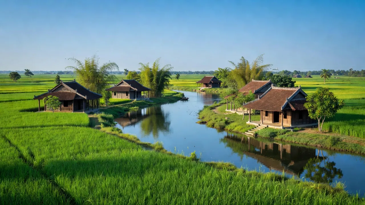 Cảnh quan yên bình xã Phú Mỹ, huyện Phú Vang, Thành phố Huế với ruộng xanh và nhà truyền thống.