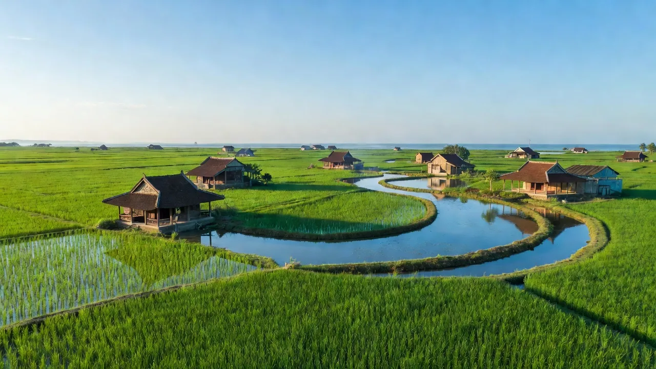 Cảnh đẹp Xã Phú Xuân, huyện Phú Vang, Huế với cánh đồng xanh và nhà truyền thống.
