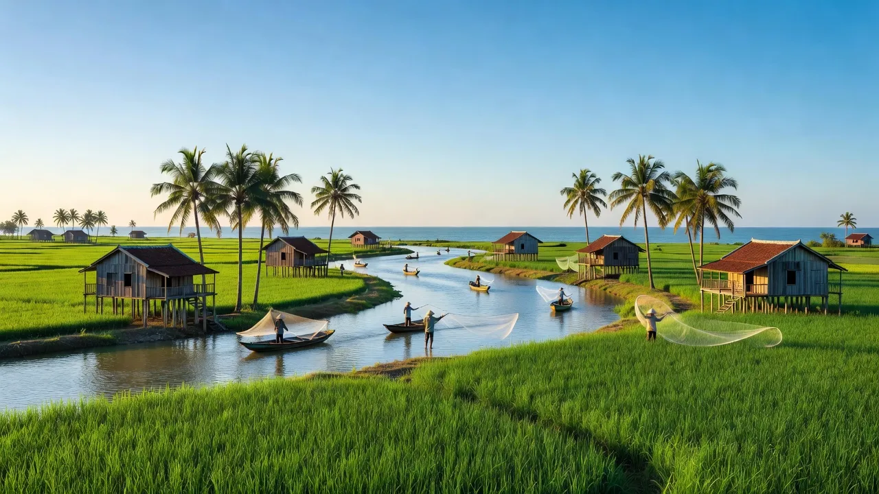 Khung cảnh yên bình Xã Vinh An, huyện Phú Vang với cánh đồng xanh và ngôi nhà sàn truyền thống.