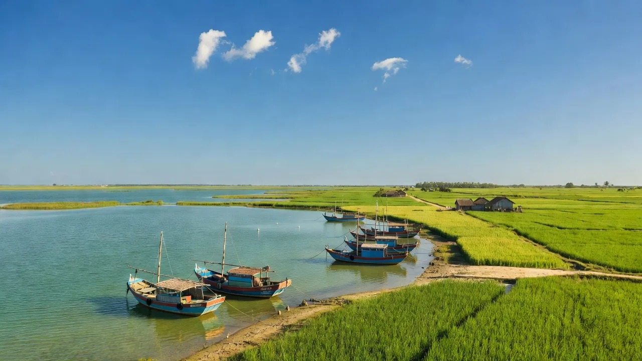 Cảnh quan Vinh Hà, Phú Vang với đầm phá, thuyền đánh cá và cánh đồng dưới bầu trời xanh.