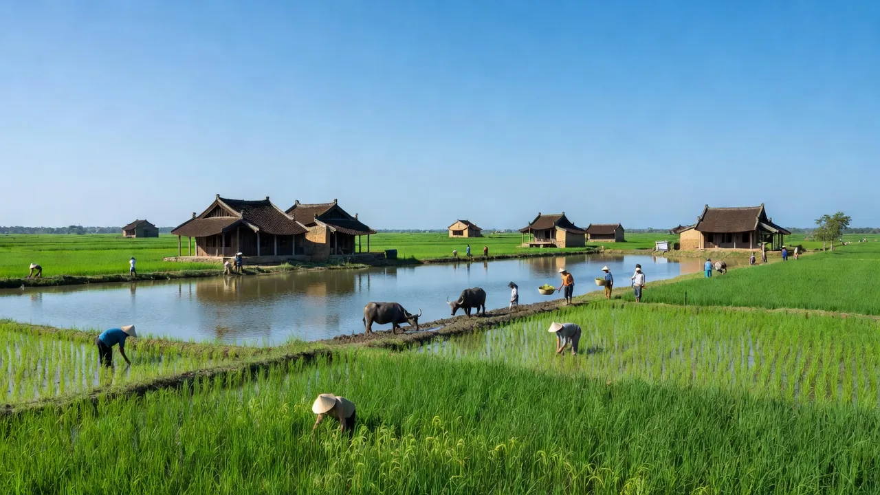 Khung cảnh xã Vinh Hà, huyện Phú Vang, Huế với đồng ruộng và hoạt động nông nghiệp địa phương.