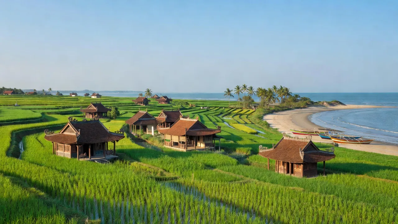 Cảnh đẹp xã Vinh Thanh, huyện Phú Vang, thành phố Huế với ruộng xanh và nhà truyền thống.