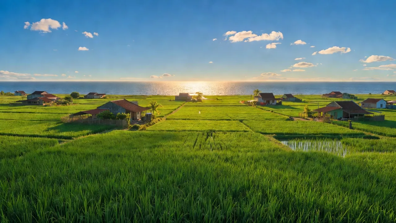 Cảnh đẹp xã Vinh Xuân, huyện Phú Vang, Huế với đồng ruộng xanh mướt và bãi biển gần kề.