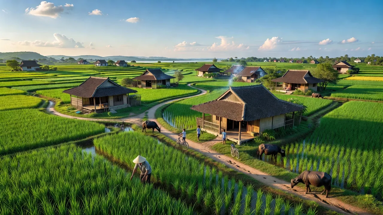Khung cảnh nông thôn xã Vinh Xuân, huyện Phú Vang, thành phố Huế với đồng lúa và nhà truyền thống.