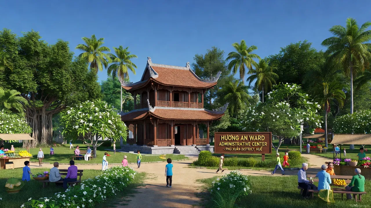 Bức tranh Hương An, Quận Phú Xuân, Thành phố Huế với kiến trúc truyền thống và cây xanh.