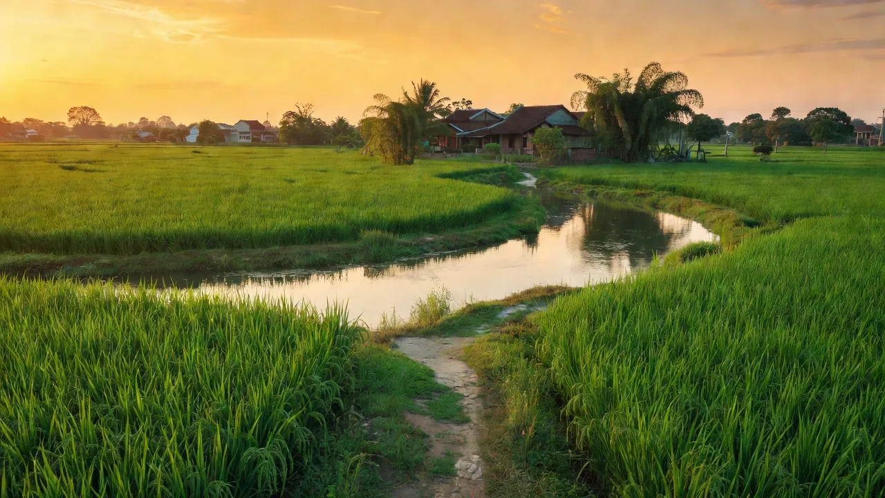 Cảnh đẹp Phường Hương Vinh, Quận Phú Xuân, Thành phố Huế với cánh đồng và ánh hoàng hôn.