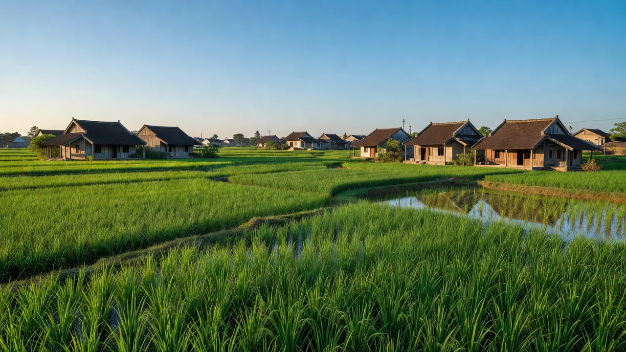 Cảnh đẹp phường Hương Vinh, Quận Phú Xuân, Thành phố Huế với cánh đồng và nhà truyền thống.