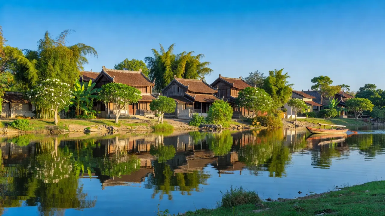 Một góc nhìn đẹp về phường Kim Long, gần sông Hương, với nhà truyền thống và thiên nhiên trong lành.