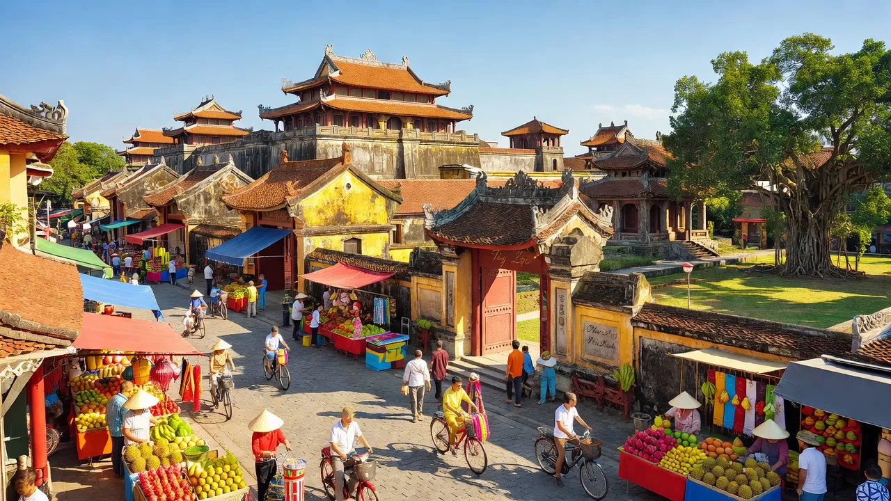 Khung cảnh phường Tây Lộc, Quận Phú Xuân, Thành phố Huế với kiến trúc lịch sử và đường phố nhộn nhịp.