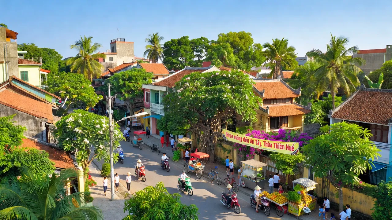 Phường An Tây, Quận Thuận Hóa, thành phố Huế với cảnh quan xanh tươi và kiến trúc địa phương.
