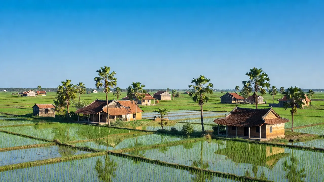 Phường Dương Nỗ, Quận Thuận Hóa, với đồng ruộng và nhà truyền thống bên trời xanh.