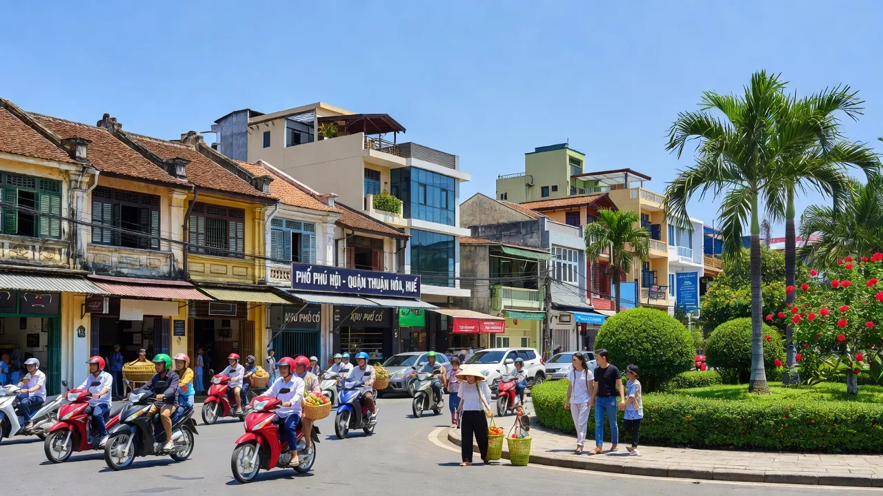 Khung cảnh đường phố sống động tại Phường Phú Hội, Quận Thuận Hóa, thành phố Huế.