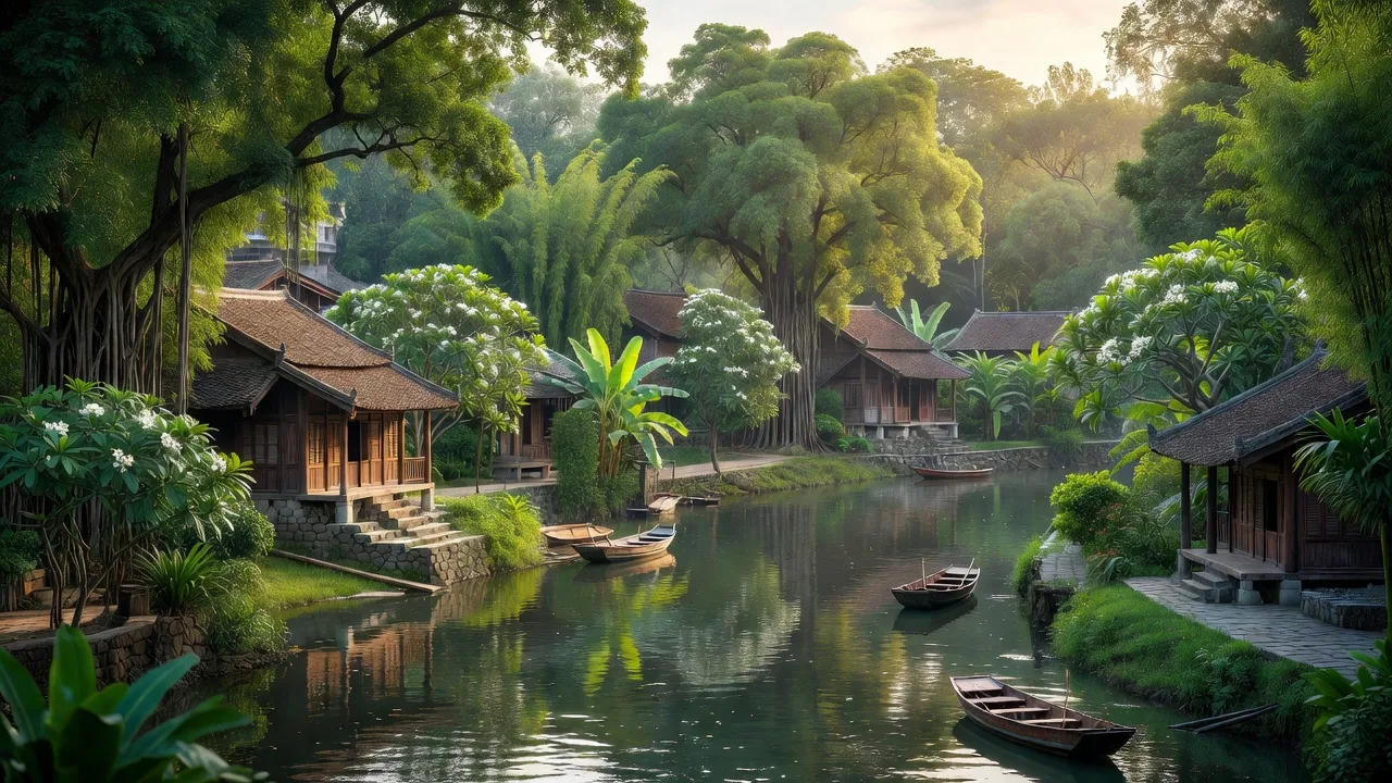 Khung cảnh Phường Phú Thượng, Quận Thuận Hóa, Huế với nhà truyền thống và sông xanh.