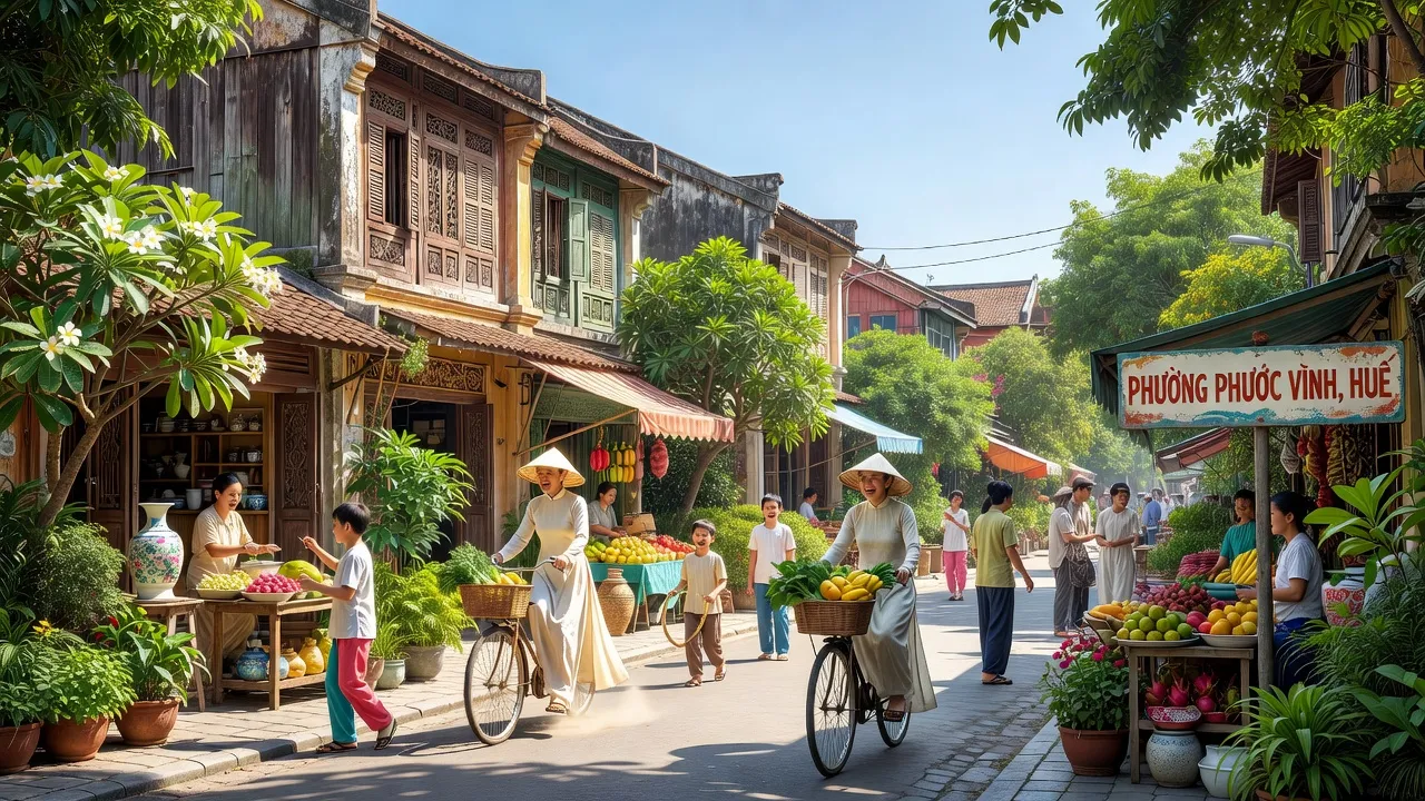 Khung cảnh sống động tại Phường Phước Vĩnh, Quận Thuận Hóa, Thành phố Huế với cây xanh và hoạt động hàng ngày.