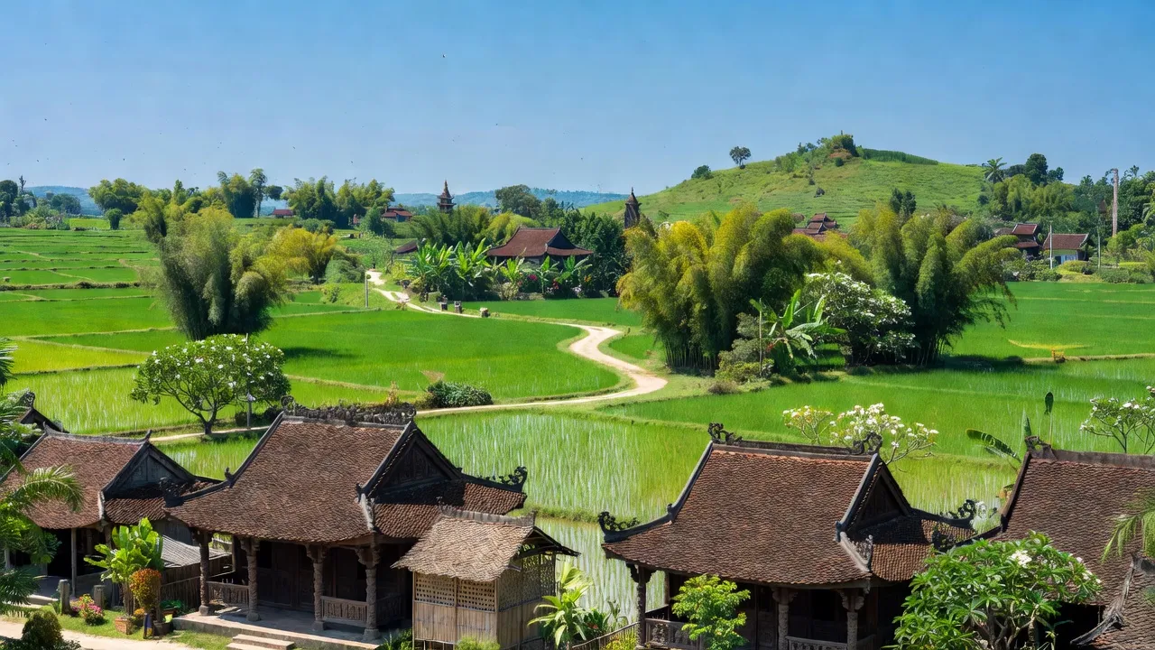 Phường Thủy Bằng, Quận Thuận Hóa, Huế with traditional roofs, lush green scenery, and bright blue skies.